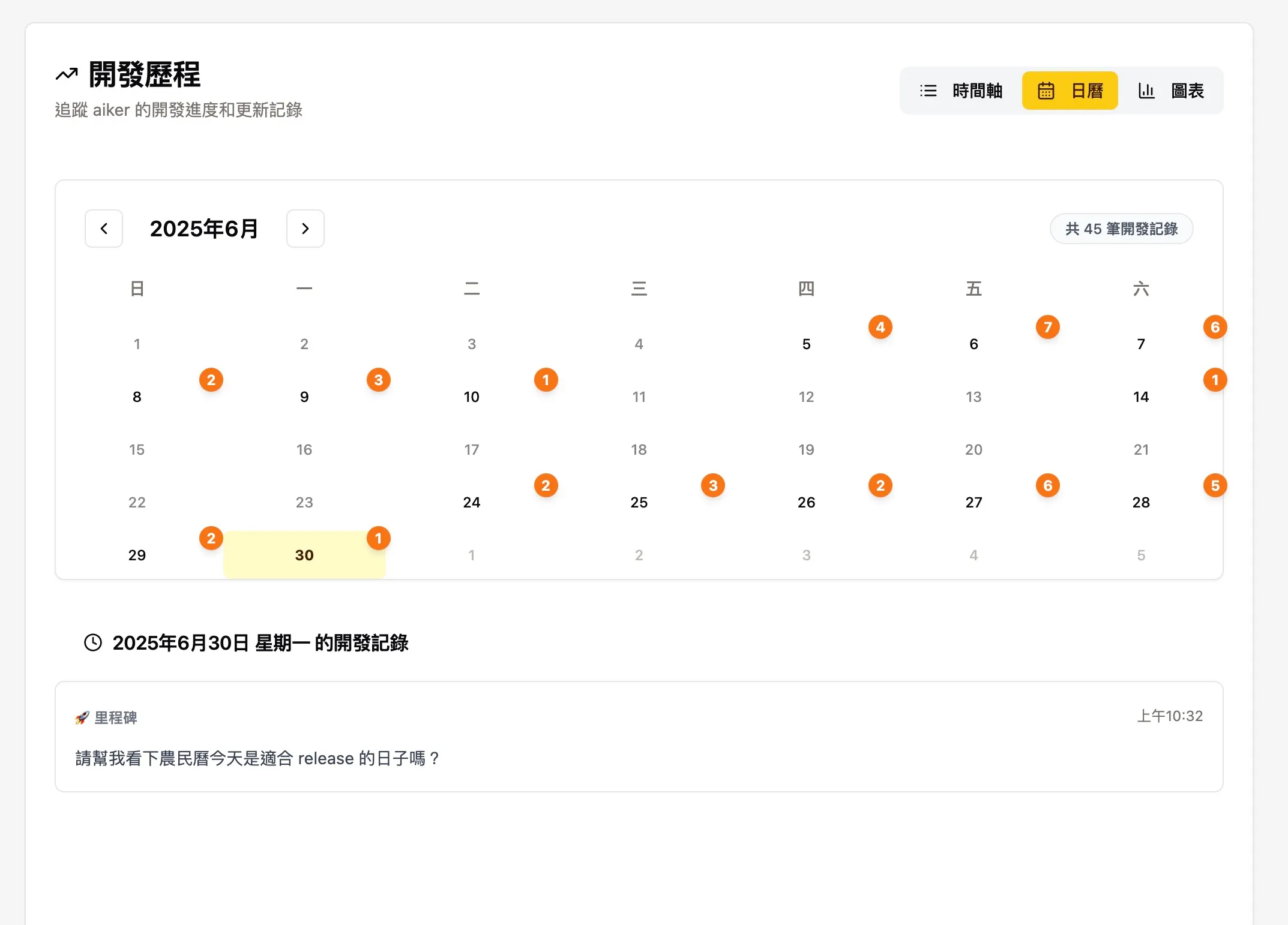 aiker 開發歷程日曆模式