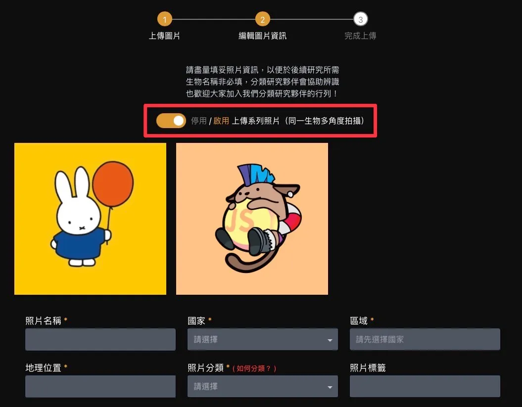 Series photo slideshow display feature