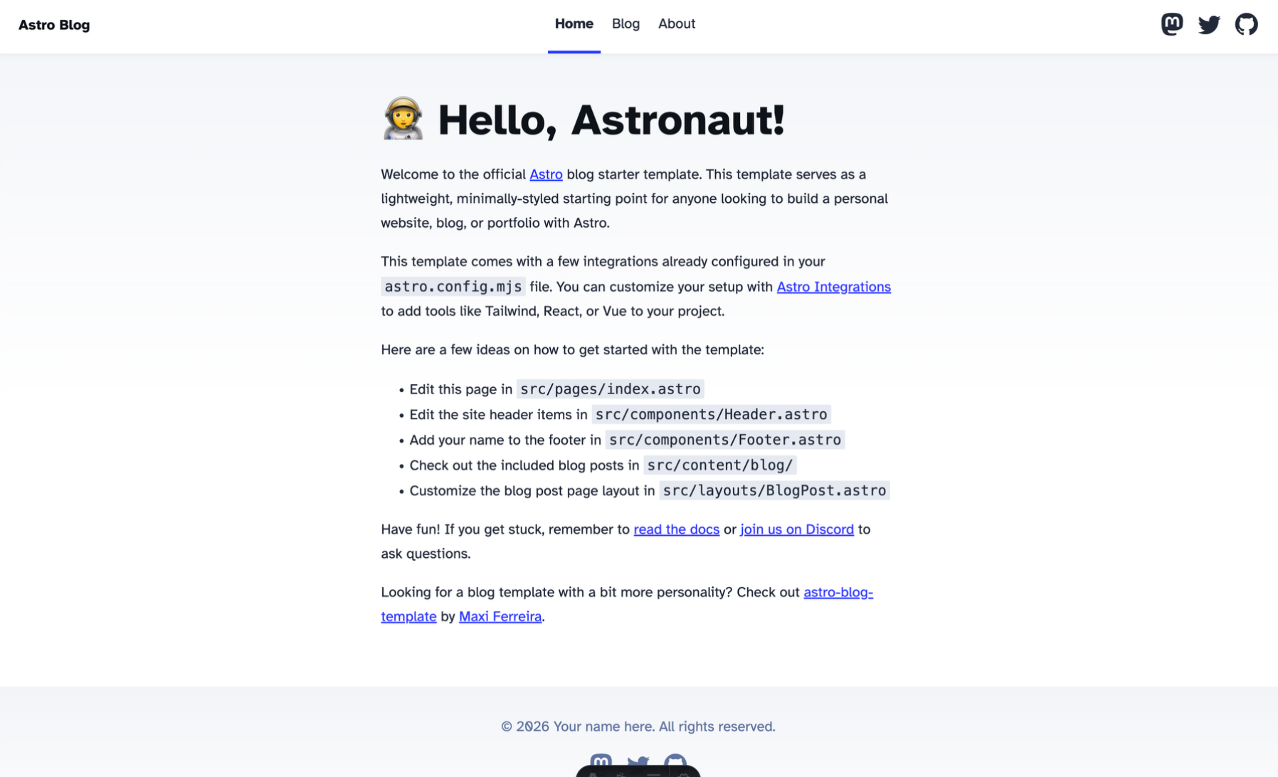 Astro 部落格模板的預設首頁，包含導覽列、歡迎訊息和操作指引
