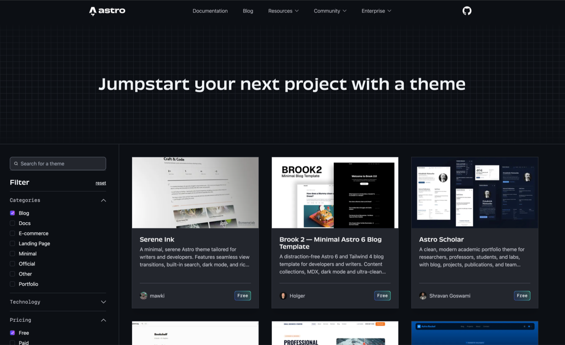 Astro 官方主題商店，篩選免費的 Blog 主題