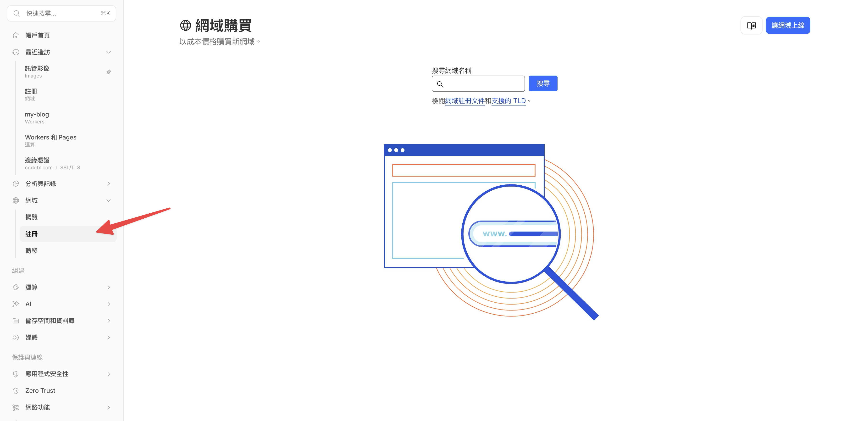 Cloudflare Dashboard 左側選單展開網域，點選註冊