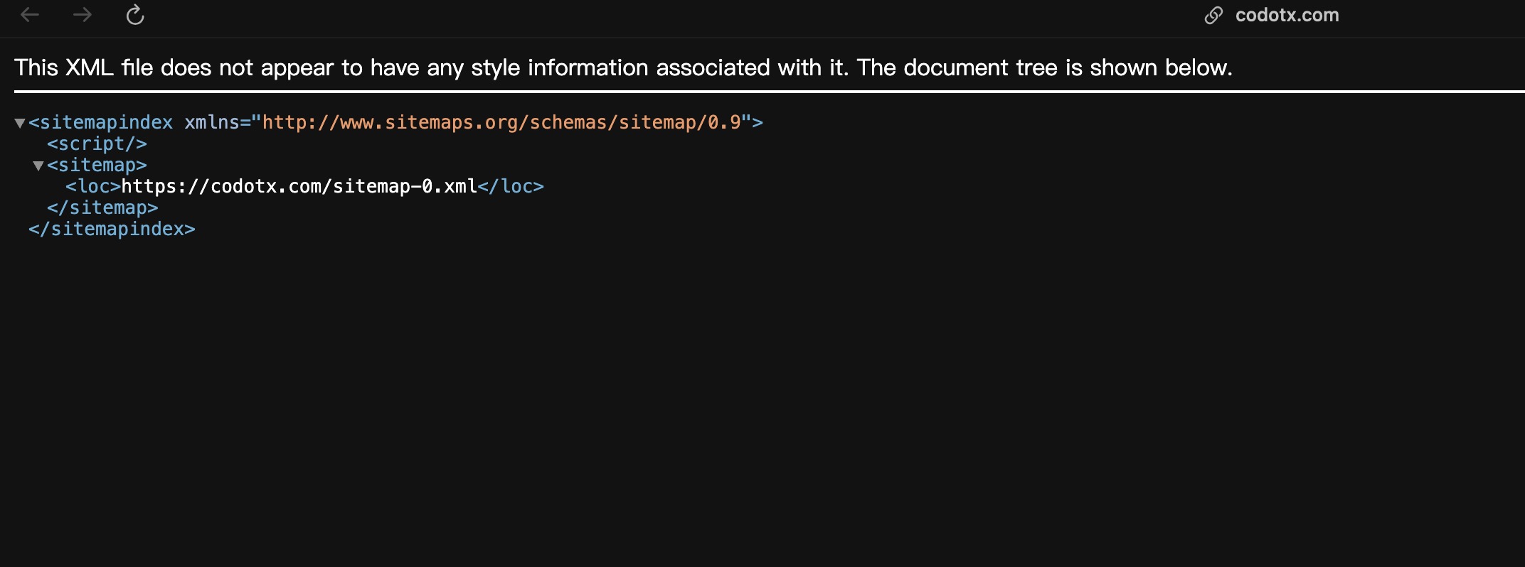 瀏覽器打開 sitemap-index.xml，顯示一個指向 sitemap-0.xml 的索引檔