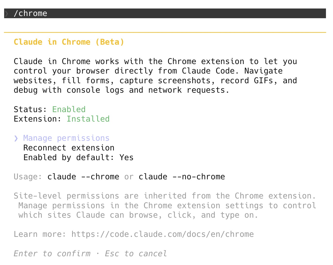 Claude Code 的 /chrome 設定畫面，顯示 Status: Enabled、Extension: Installed