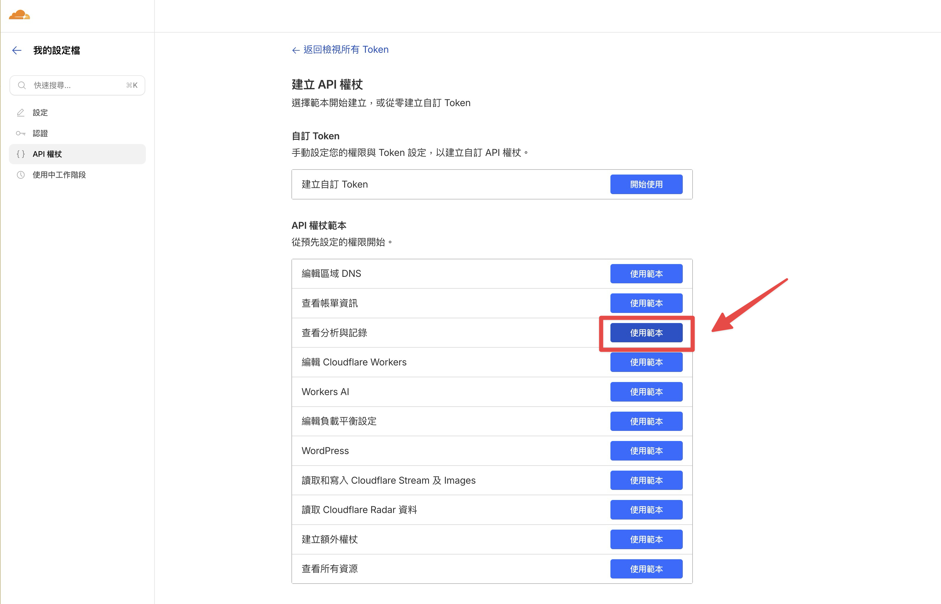 API Token 建立頁面，選擇「查看分析與記錄」範本