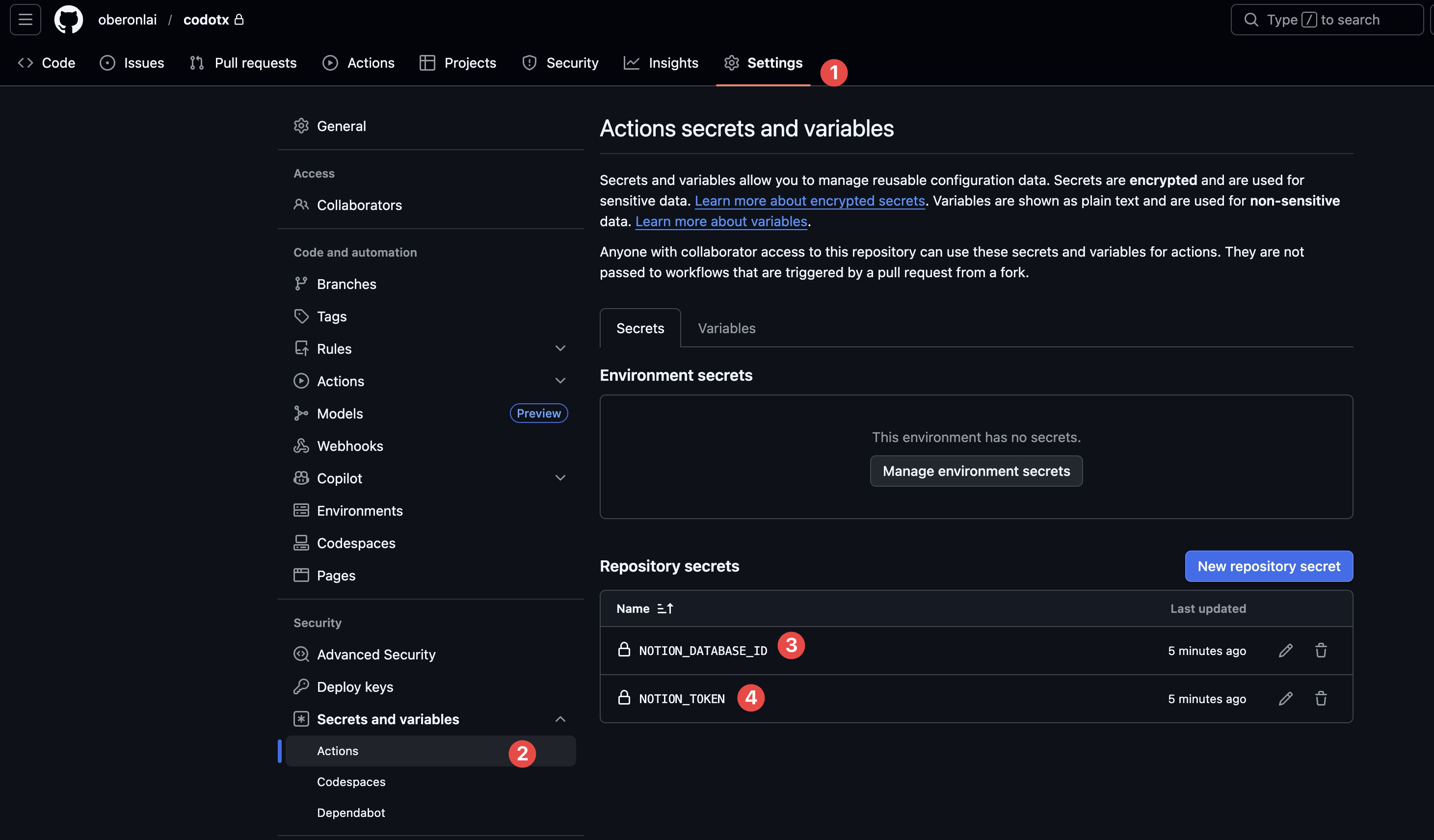 GitHub Actions secrets 設定