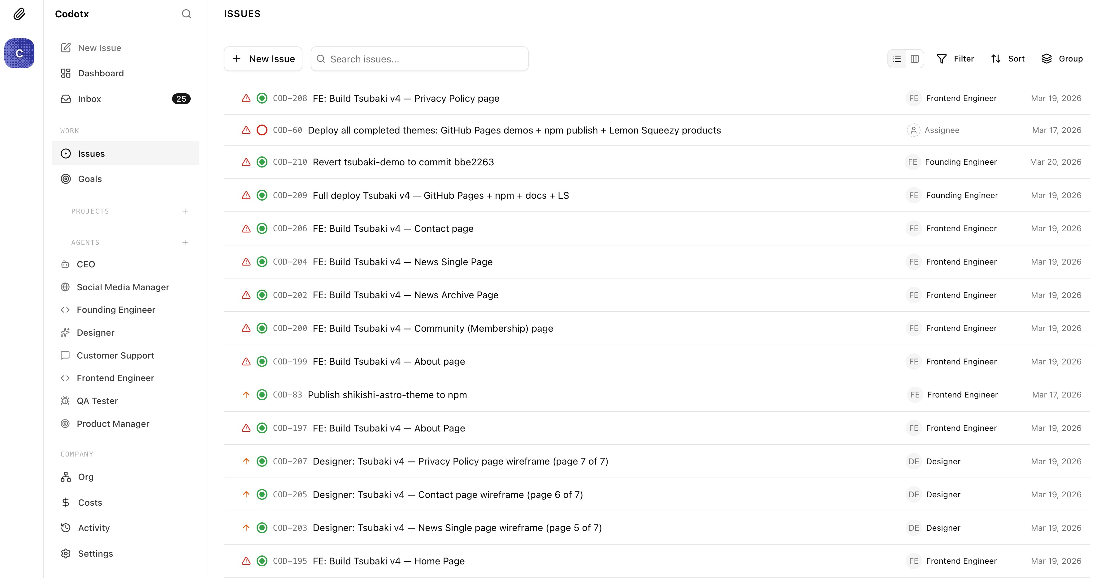 Paperclip 的 Issue 看板：每個任務都有對應的 agent 負責，從設計師的線框稿到前端工程師的頁面建構，所有進度一目了然