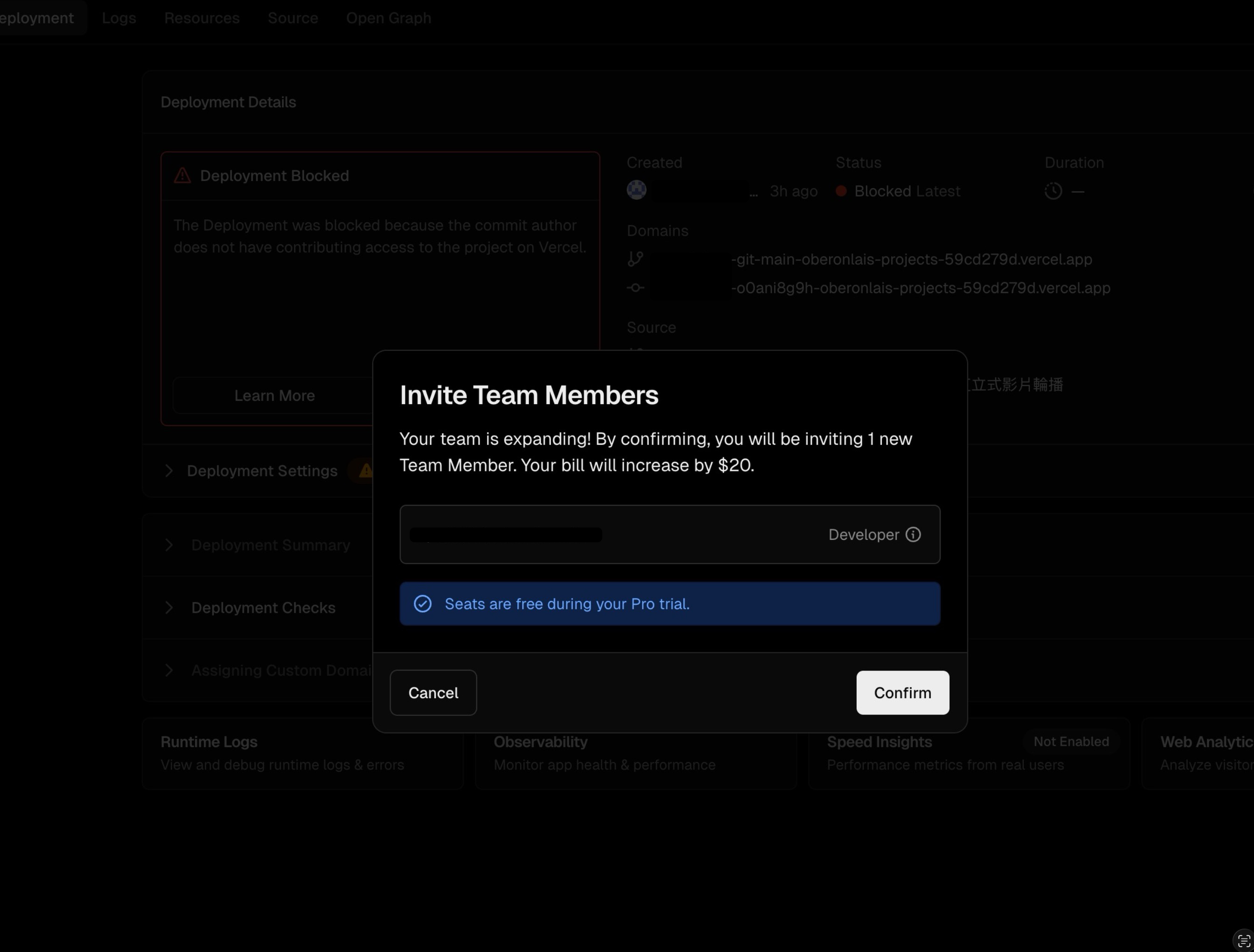 Invite Team Members 確認畫面
