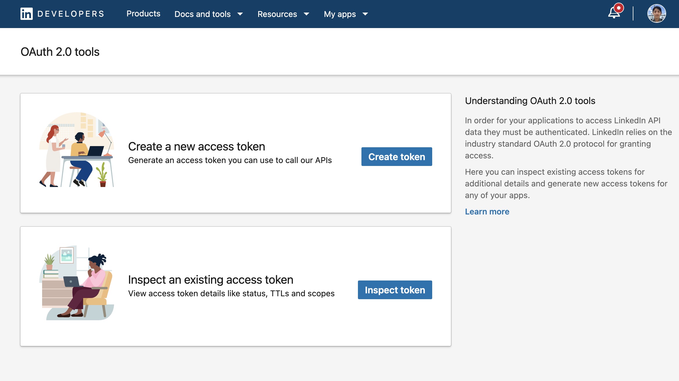 LinkedIn OAuth 2.0 tools 頁面，點擊 Create token 按鈕產生 Access Token